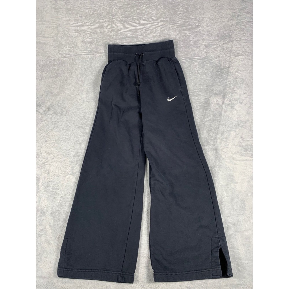 Nike Womens Wide Leg Sweatpants Club XS Black Silhouette Drawstring Slit